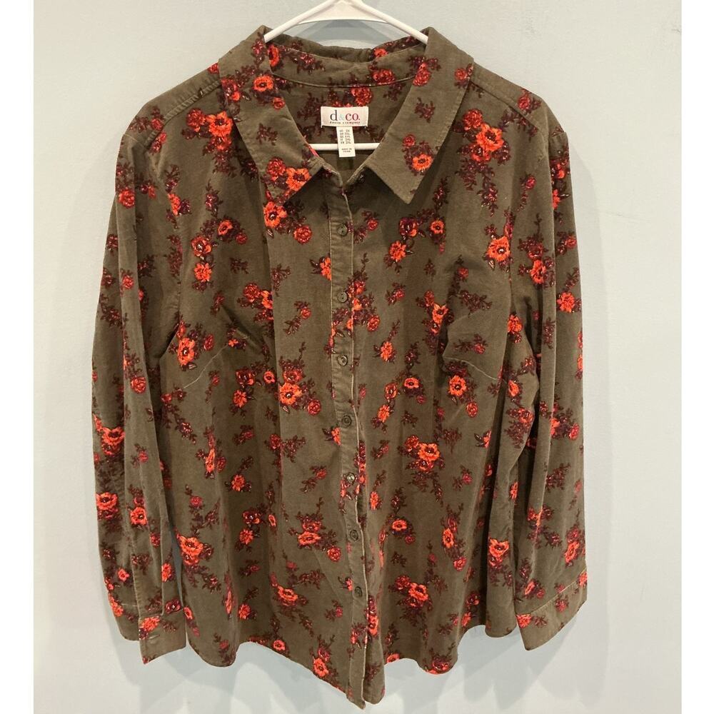 D&Co Womens Button Up Corduroy Shirt Size 2X Green Floral Cottagecore Country